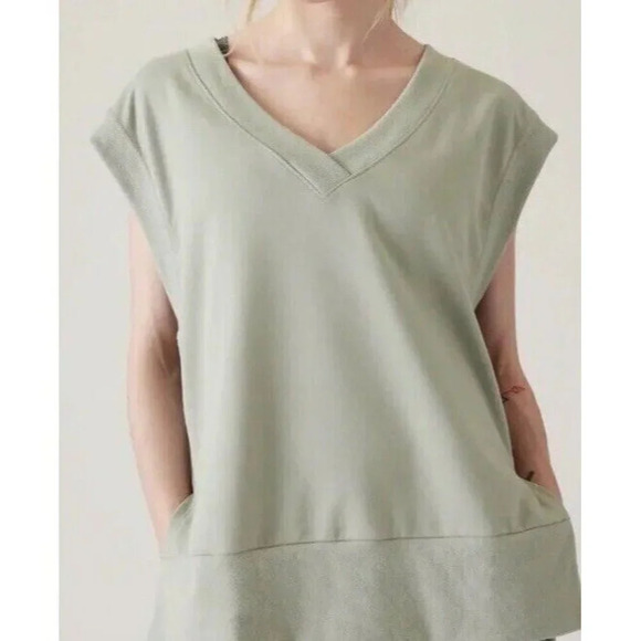 Athleta Retroterry V-Neck Sweatshirt Tee Sleeveless Fern Green Women XL Neutral - Picture 2 of 7